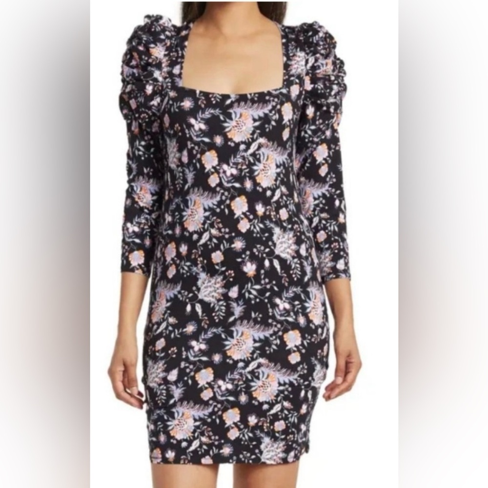 NEW Ted Baker Black and Pink Floral Bodycon Dress with Puff Sleeves